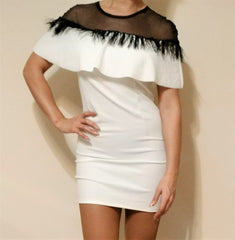 white stretchy dress with feathers